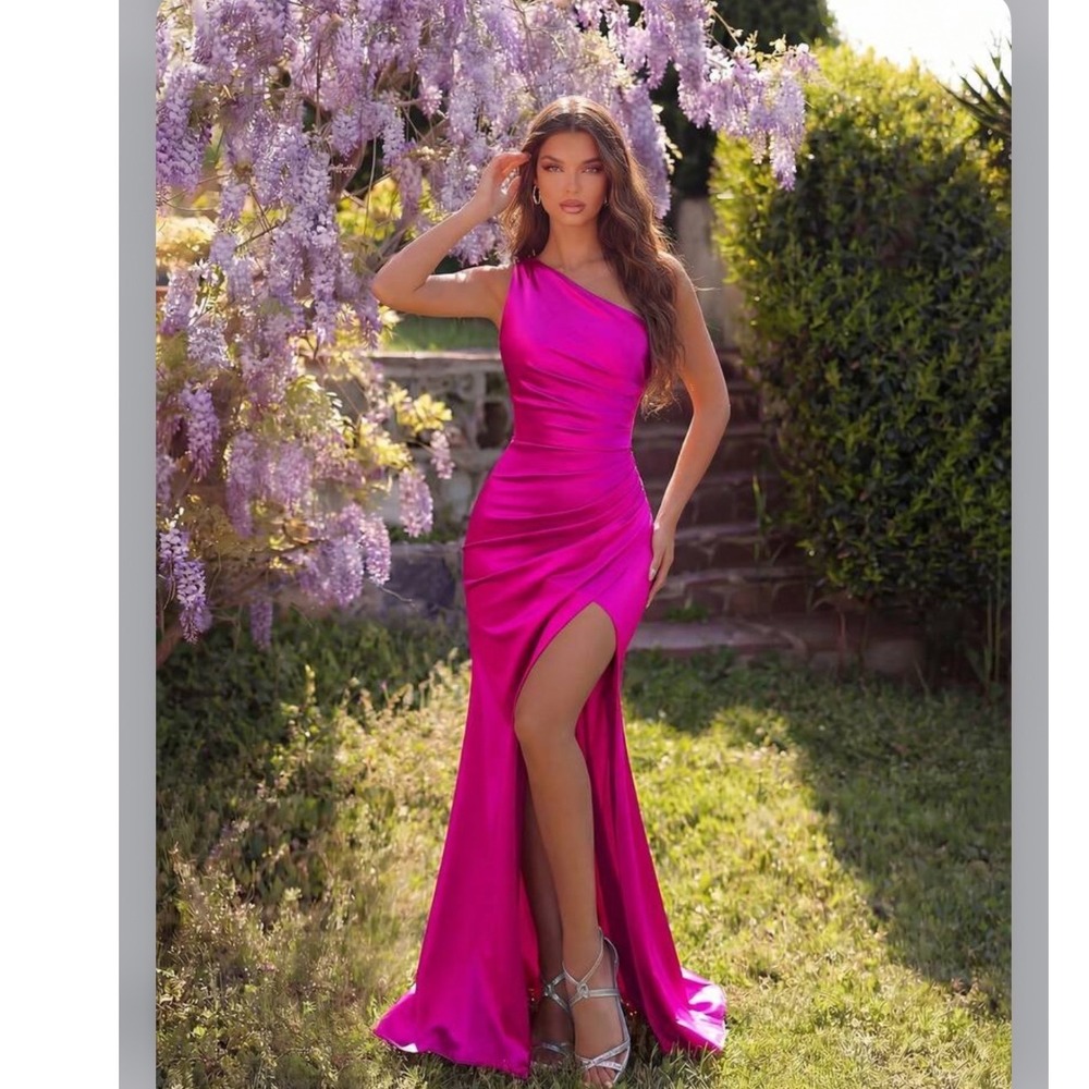 Adyce Womens Fuchsia Pink One Shoulder Ruched Satin Maxi Dress Slit Size M